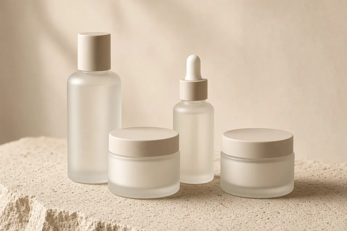 Skincare bottles and jars arranged on a neutral surface